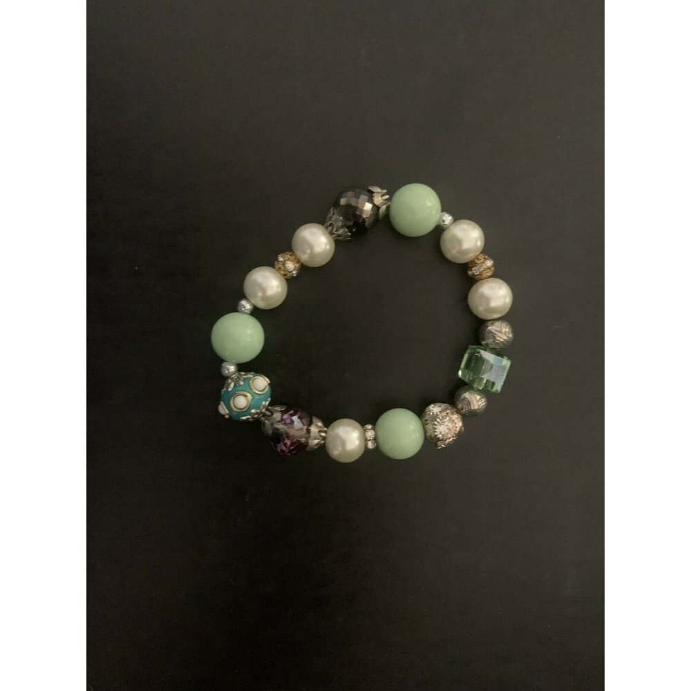 Mint Green Beaded Bracelet Offset With  Other Pearl, Purple, And Silver Colors